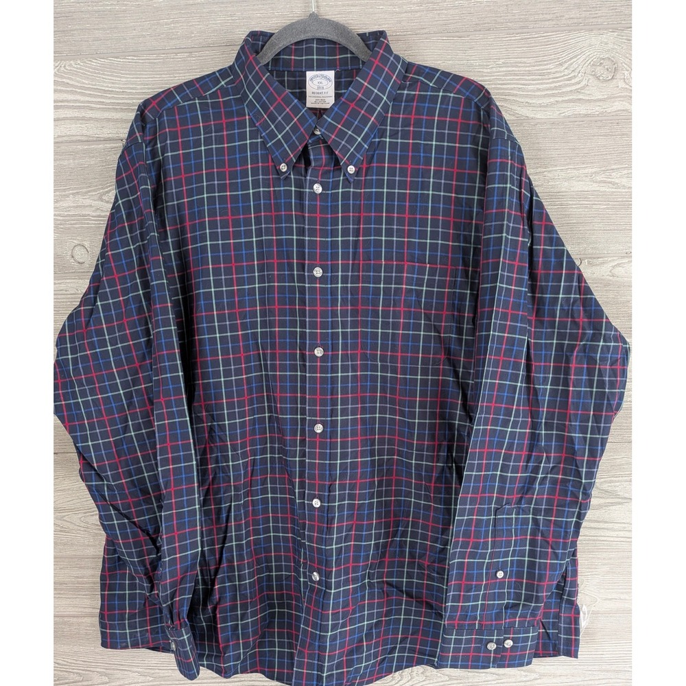 Brooks Brothers 1818 Regent Fit Plaid Shirt Mens XXL Navy Blue Non-Iron Cotton